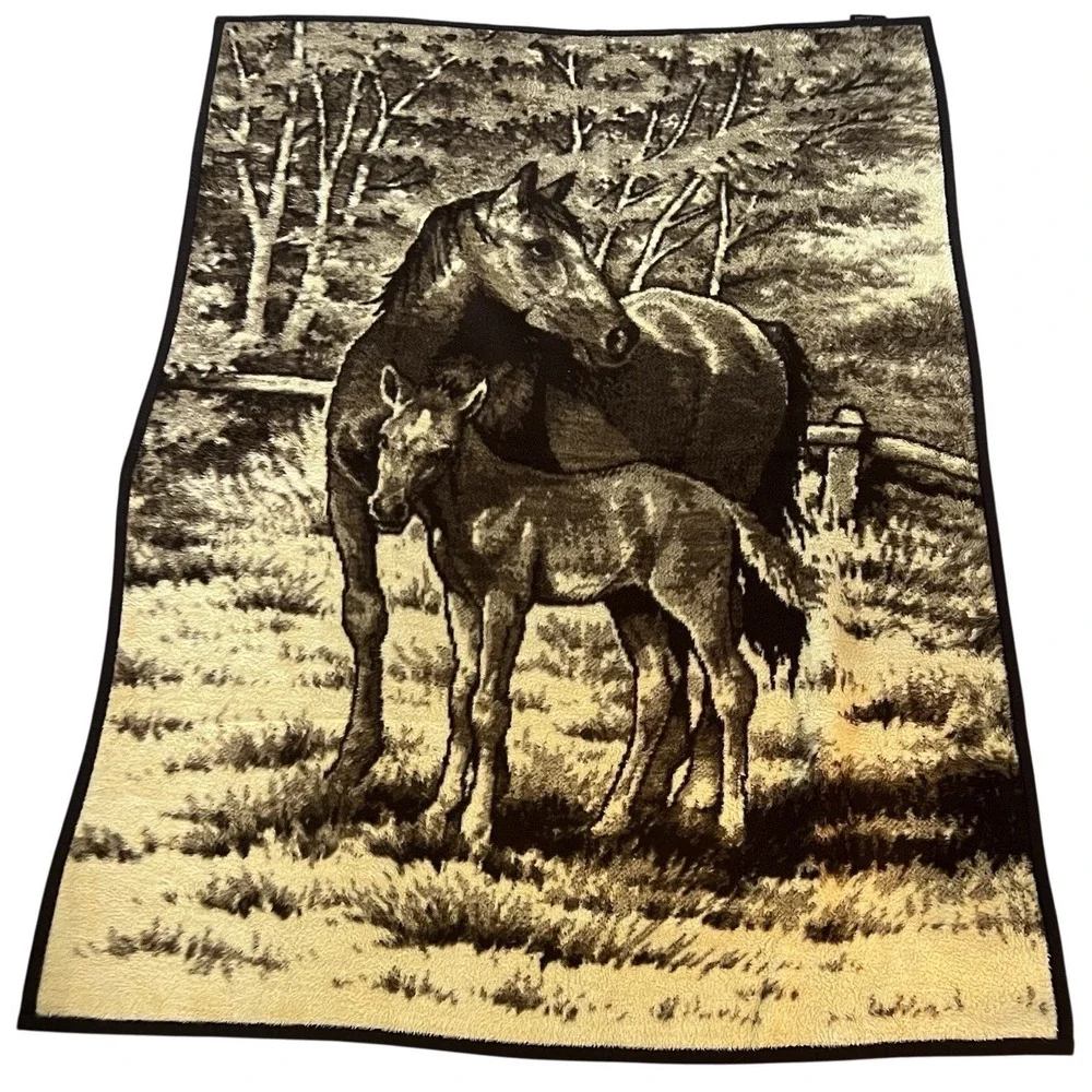 Vintage IBENA Relax Horse Foal Brown Ivory Western Germany Blanket 75x56 Rare